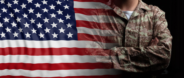 US Army concept. United States of America flag and soldier with crossed arms. 3d illustration