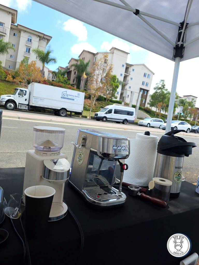 Espresso machine and grinder at the Isla's Coffee pop-up