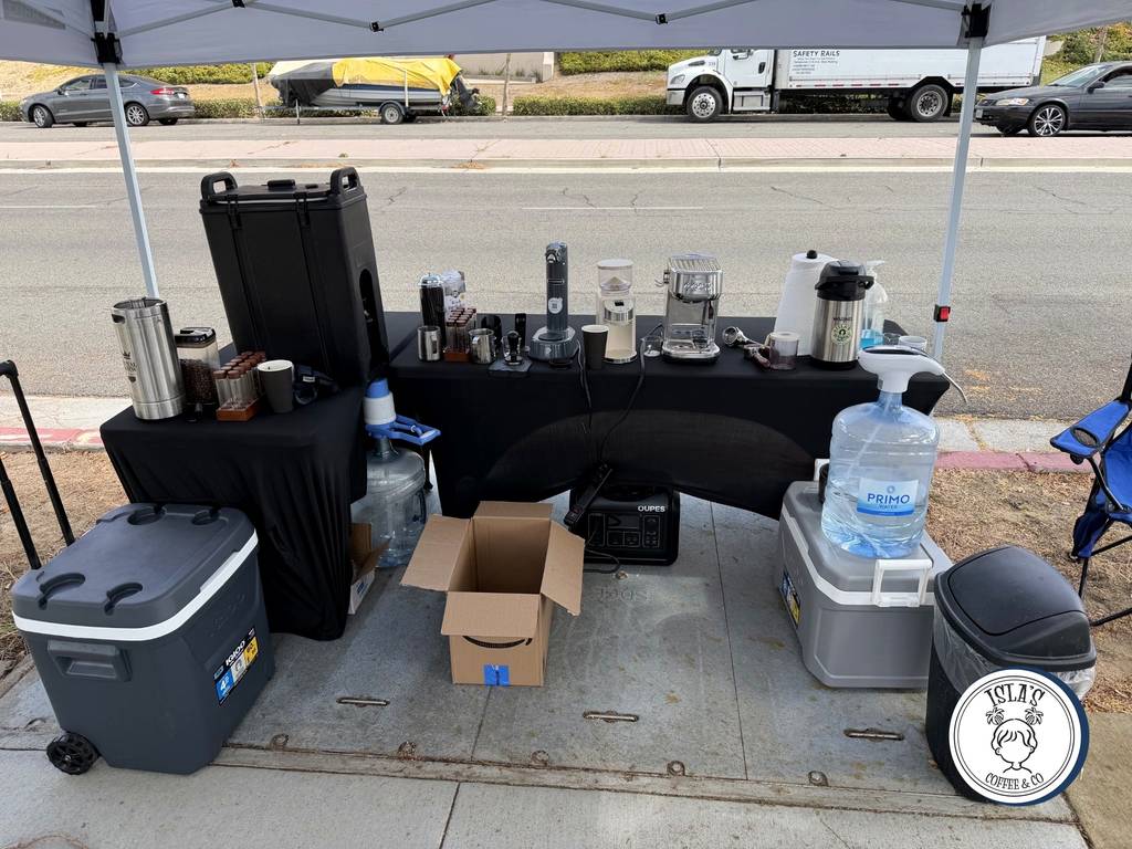 Full Isla's Coffee pop-up setup curbside